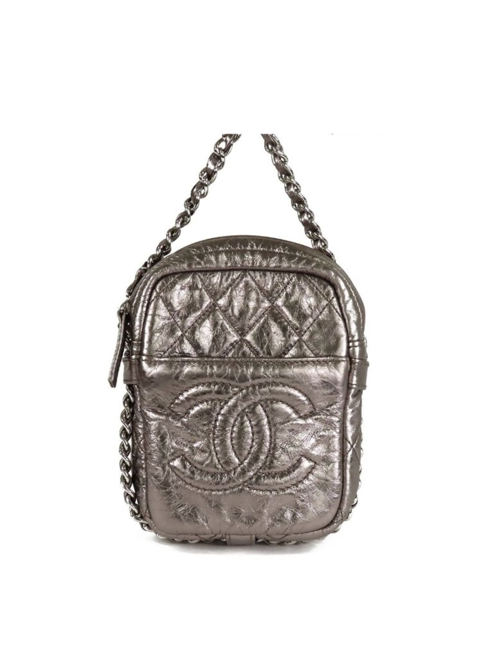 Chanel Quilted Chain Bag Metallic Silver Leather CC Logo Handbag